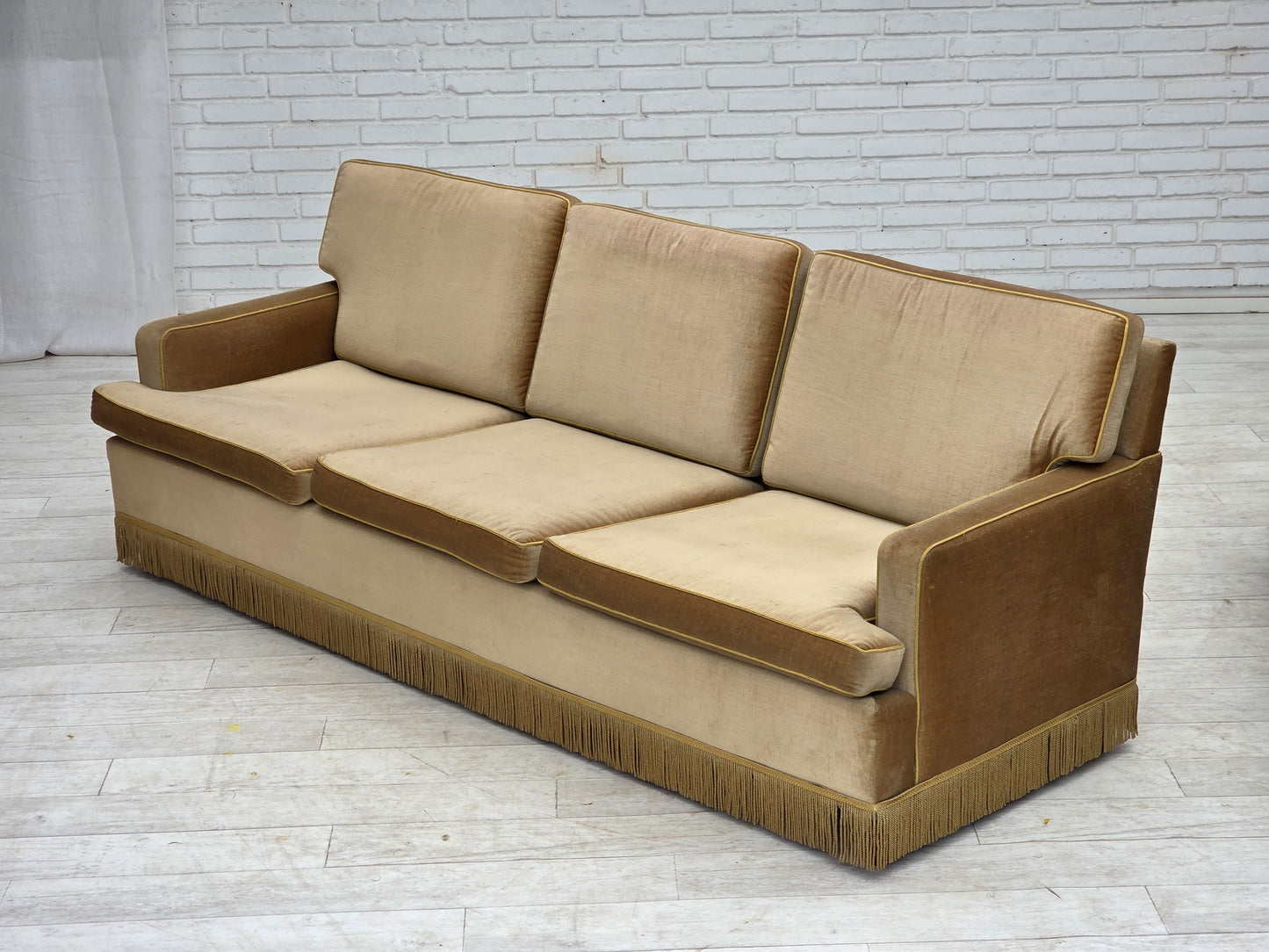 1970s, Danish 3-seater sofa, honey yellow furniture velour.