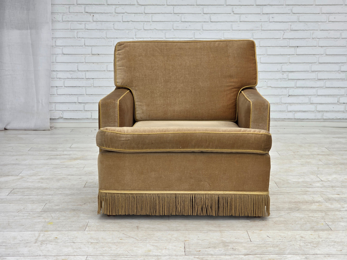 1970s, Danish armchair, honey yellow furniture velour.