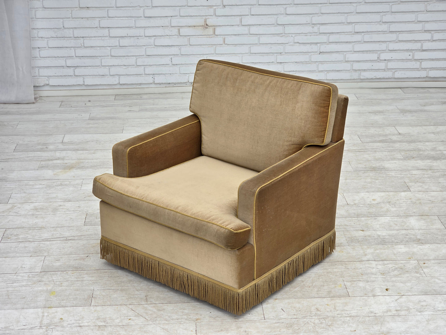 1970s, Danish armchair, honey yellow furniture velour.