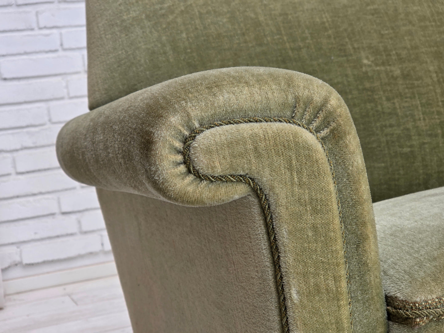 1970s, Danish 3-seater sofa, green furniture velour, beech wood.