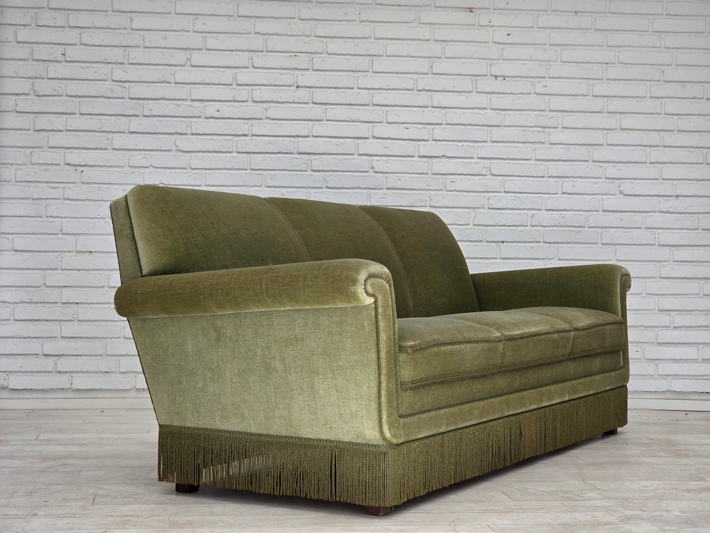 1970s, Danish 3-seater sofa, green furniture velour, beech wood.