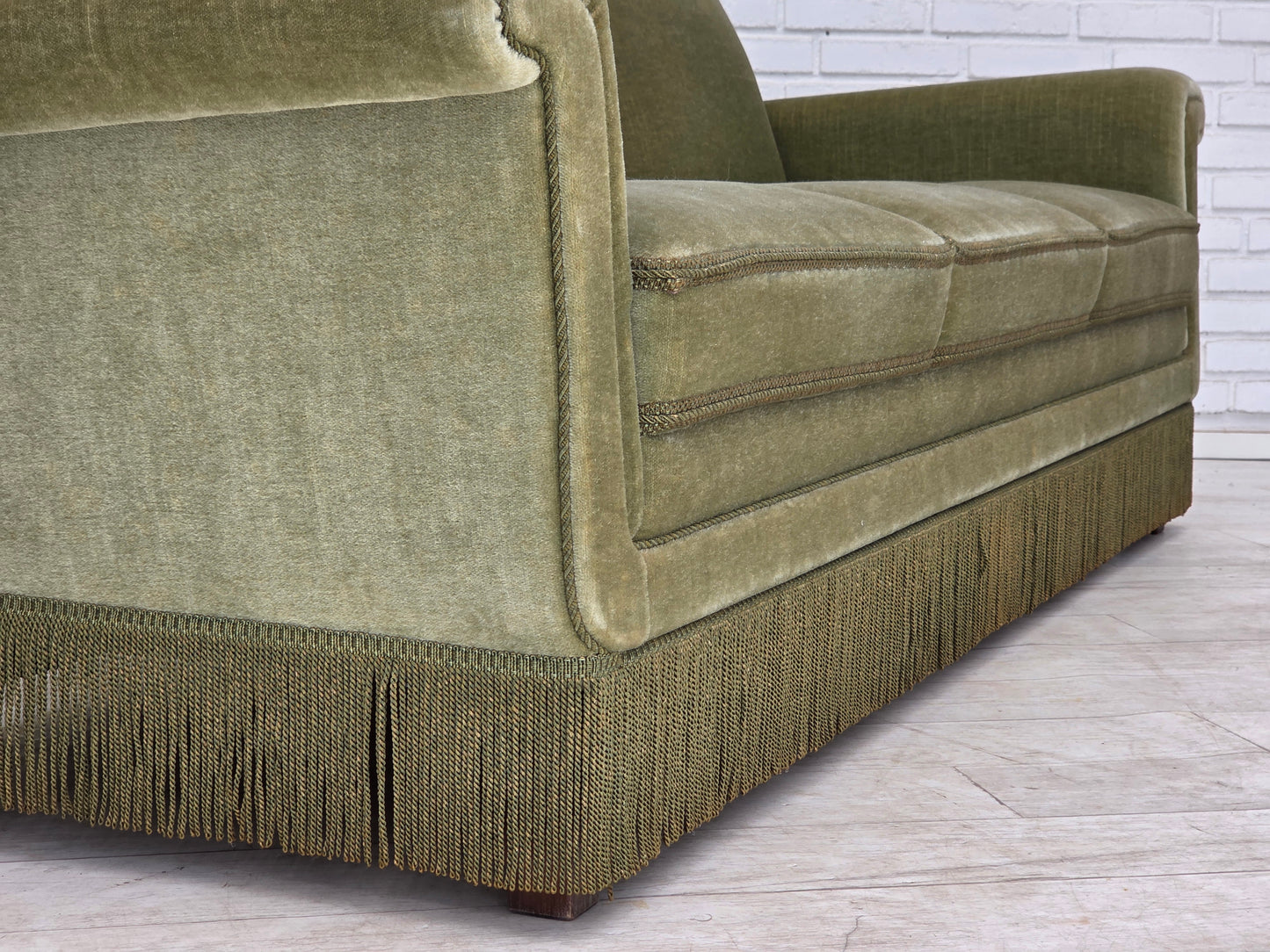 1970s, Danish 3-seater sofa, green furniture velour, beech wood.