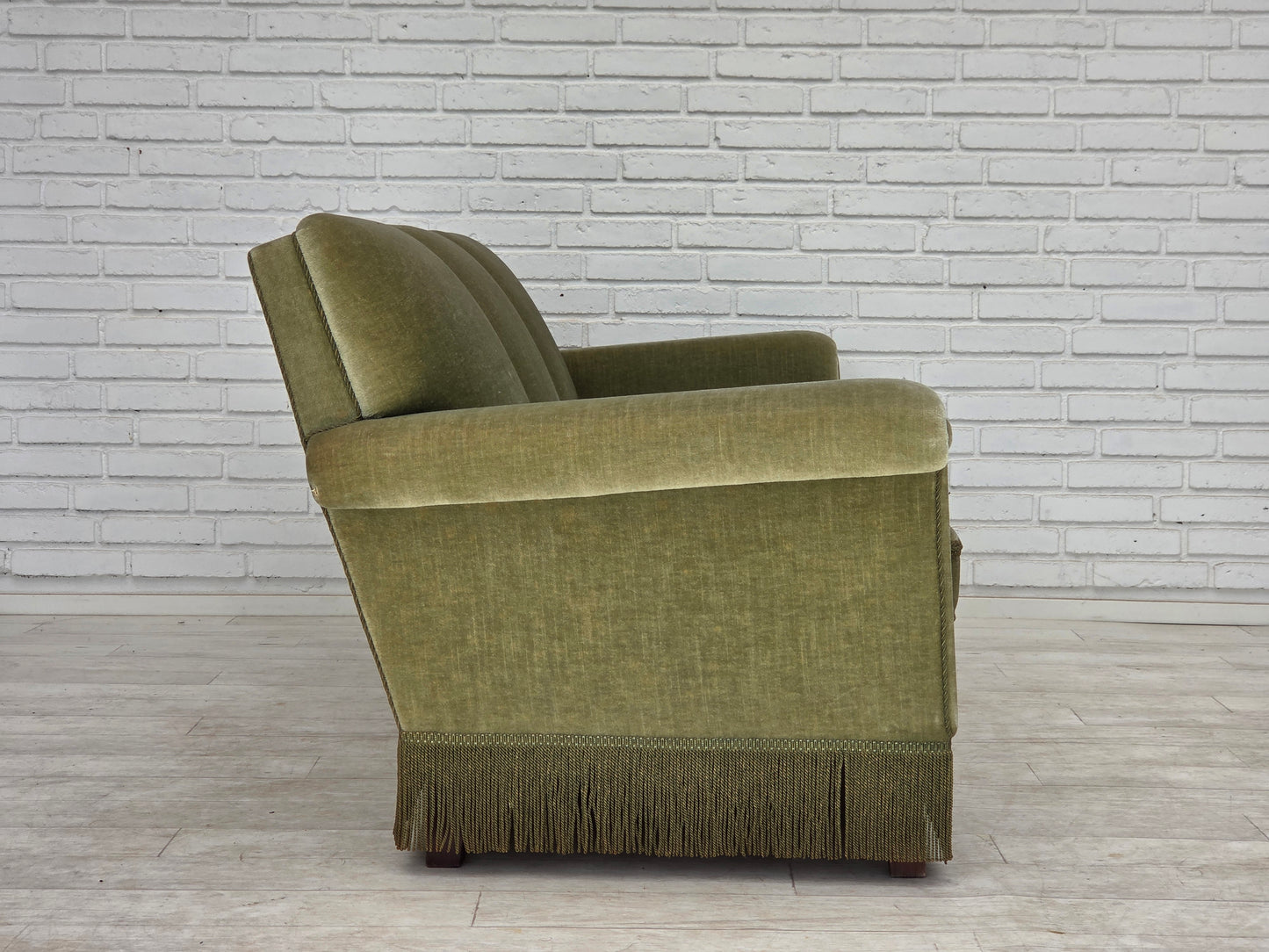 1970s, Danish 3-seater sofa, green furniture velour, beech wood.