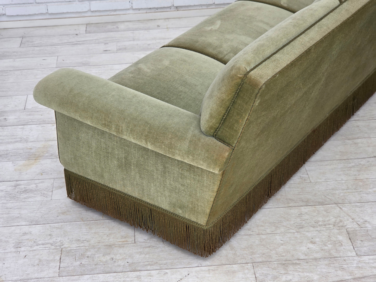 1970s, Danish 3-seater sofa, green furniture velour, beech wood.