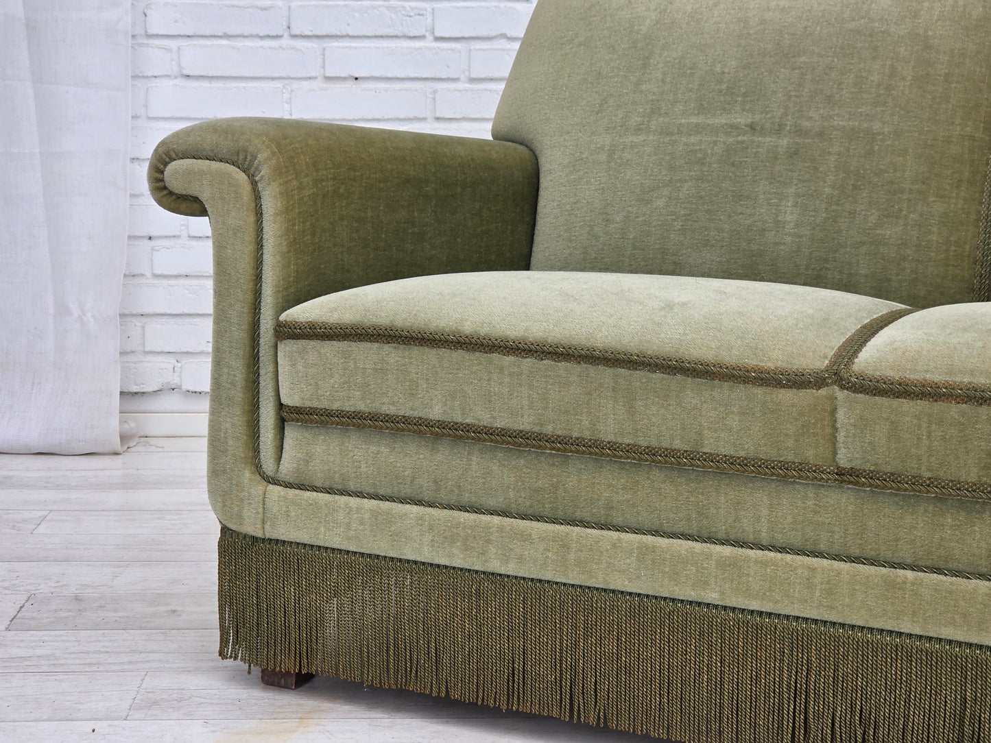 1970s, Danish 3-seater sofa, green furniture velour, beech wood.