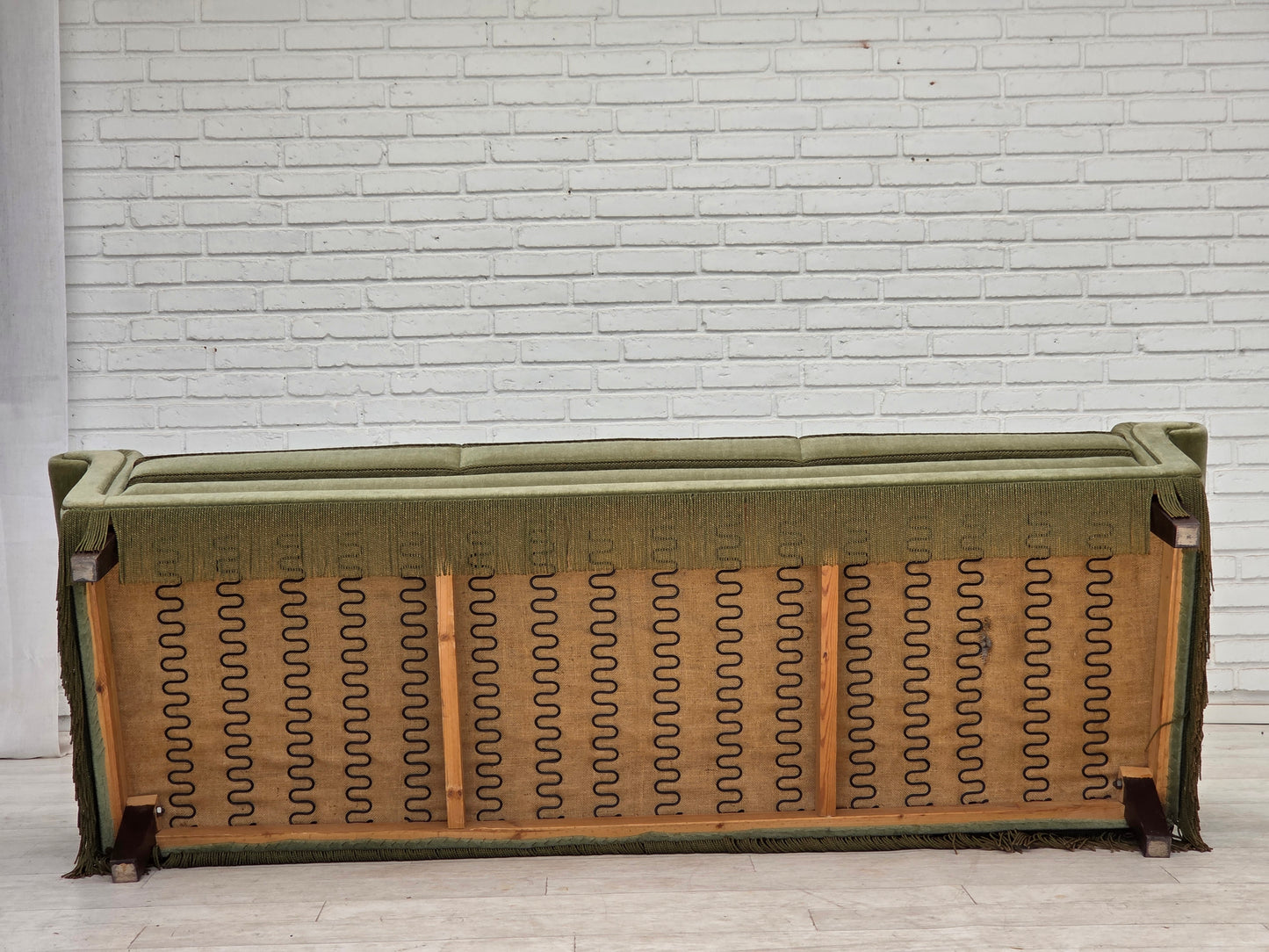 1970s, Danish 3-seater sofa, green furniture velour, beech wood.