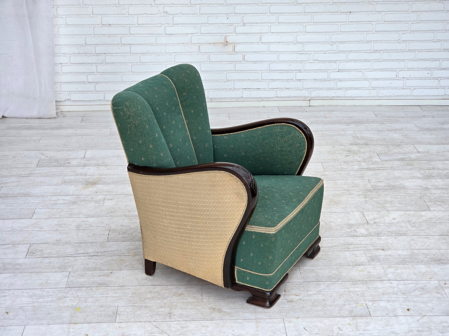 1960s, Danish armchair, green and beige furniture wool.