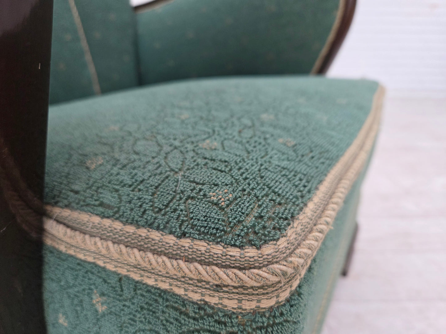 1960s, Danish armchair, green and beige furniture wool.