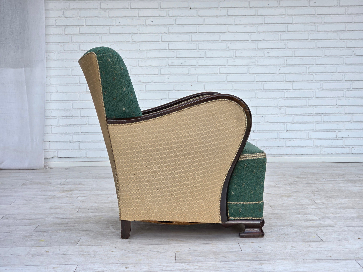 1960s, Danish armchair, green and beige furniture wool.
