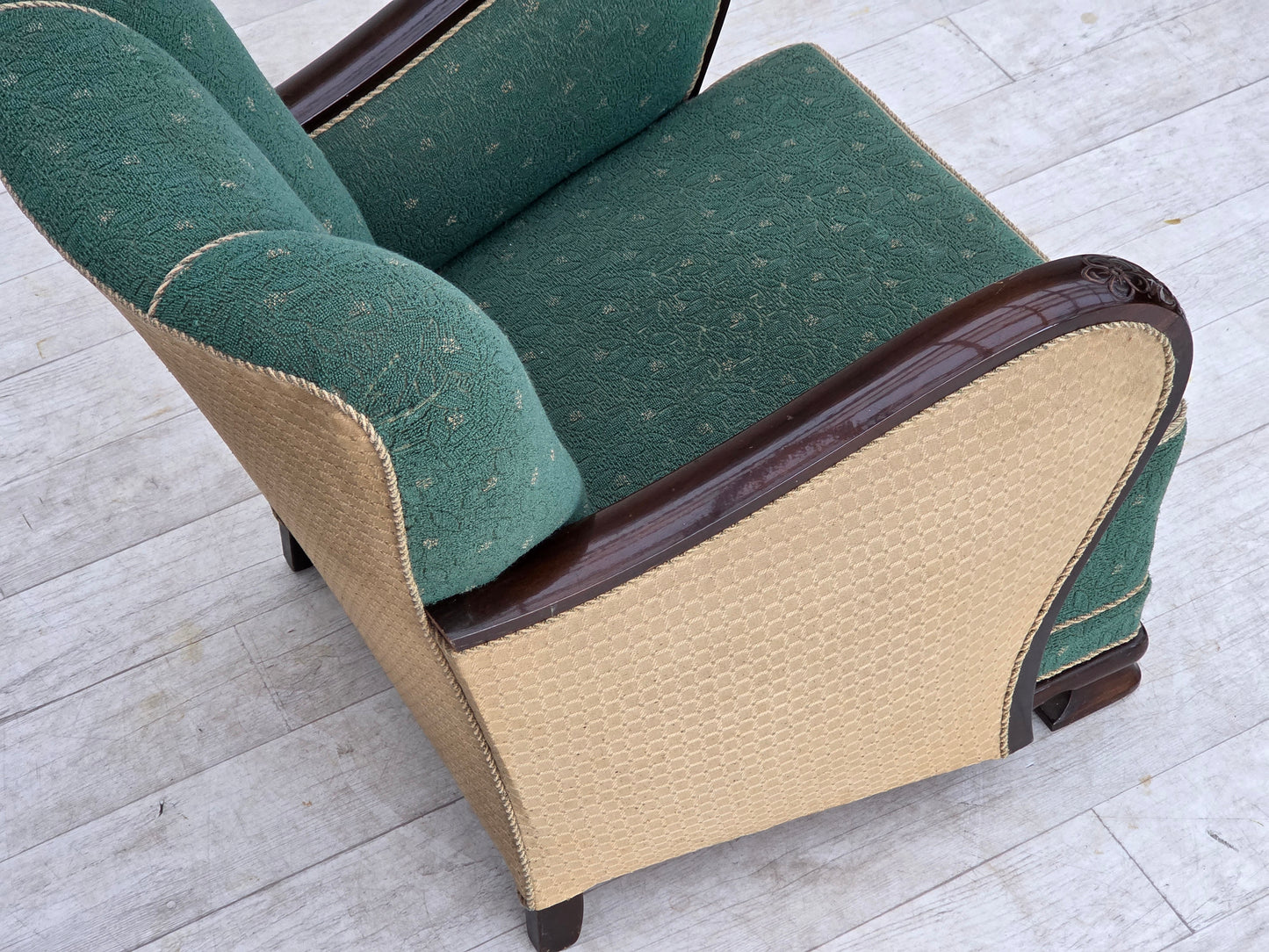 1960s, Danish armchair, green and beige furniture wool.