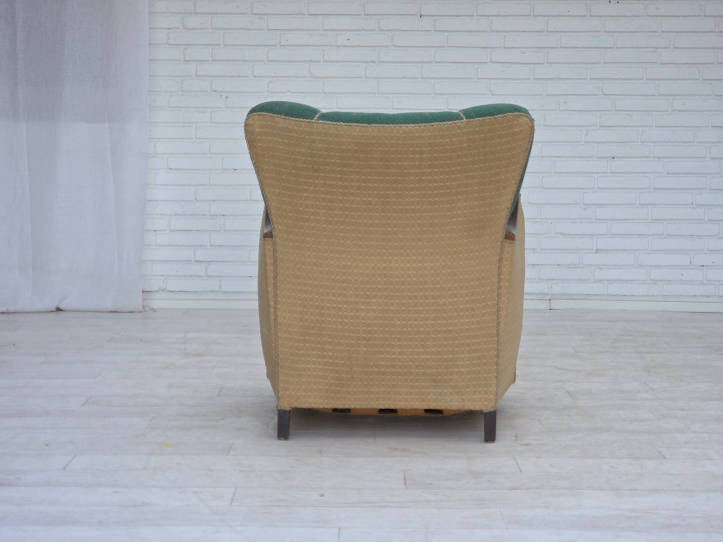 1960s, Danish armchair, green and beige furniture wool.