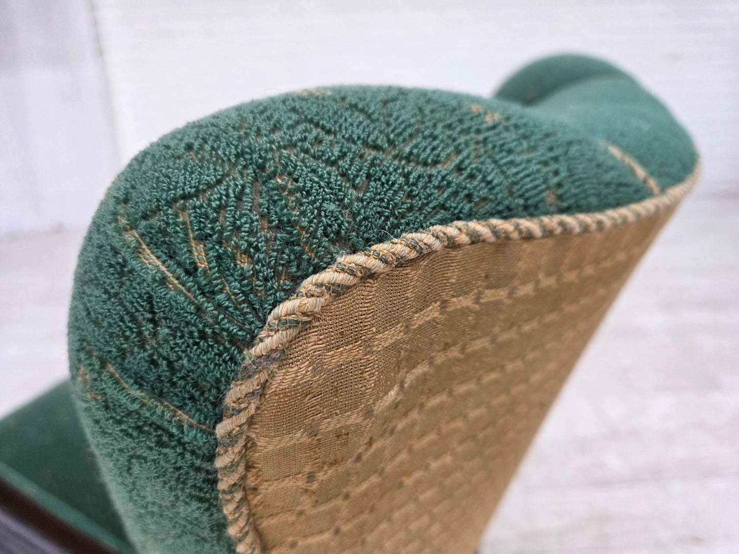 1960s, Danish armchair, green and beige furniture wool.