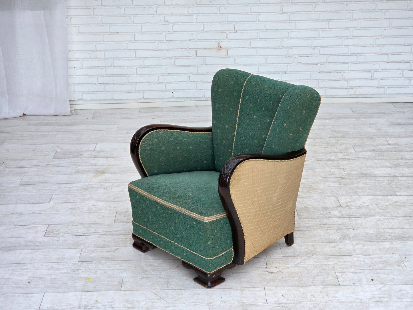 1960s, Danish armchair, green and beige furniture wool.
