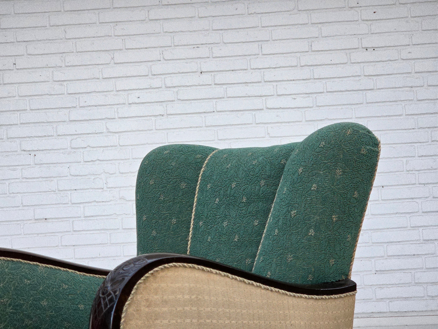 1960s, Danish armchair, green and beige furniture wool.