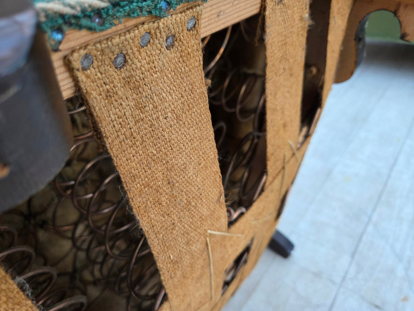 1960s, Danish armchair, green and beige furniture wool.