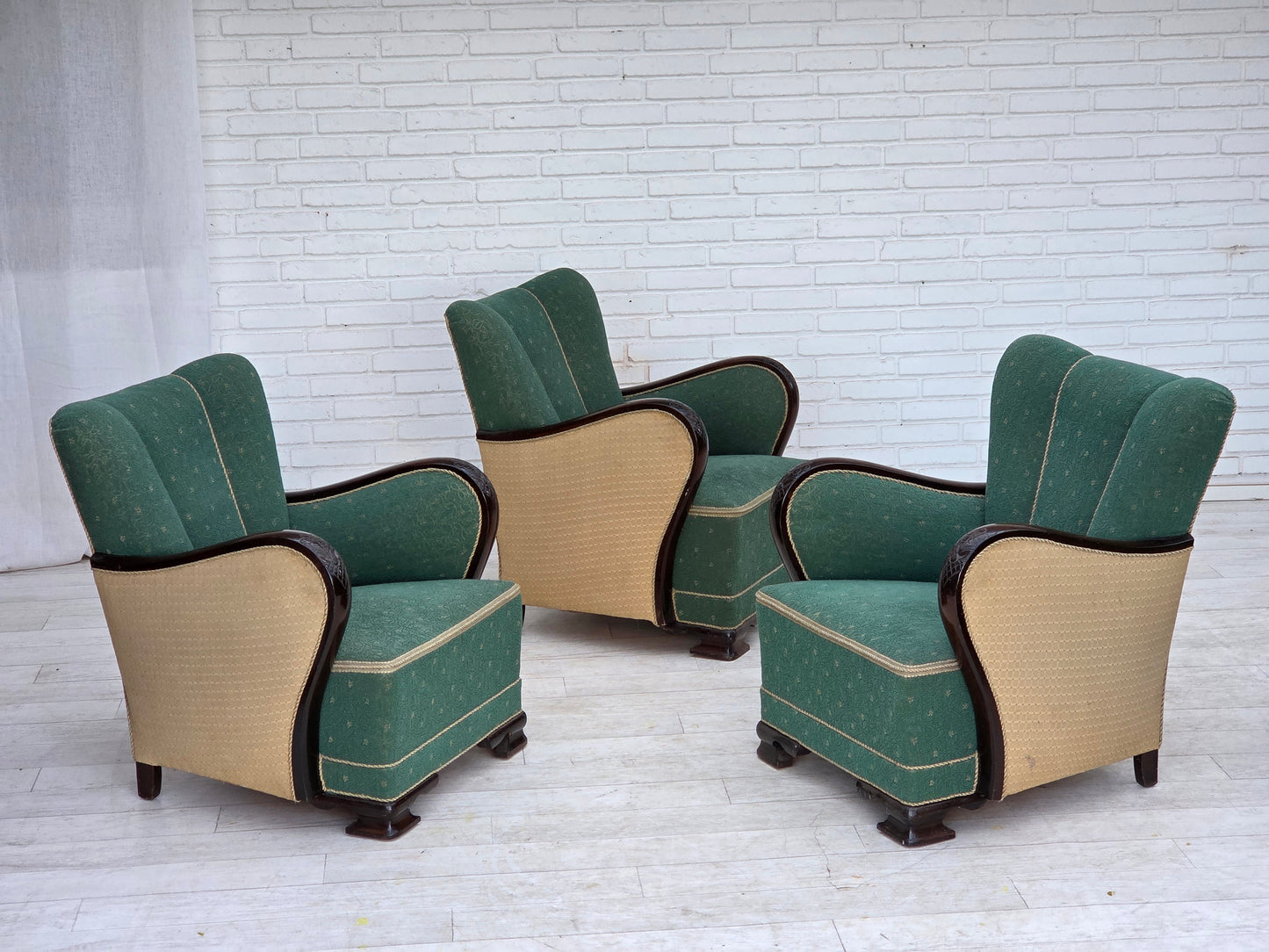 1960s, Danish armchair, green and beige furniture wool.