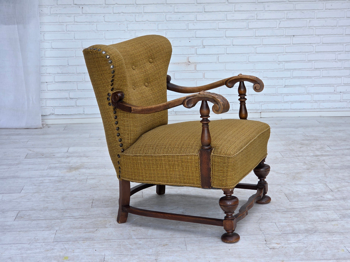 1960s, Danish armchair, original green furniture wool, carved oak wood.