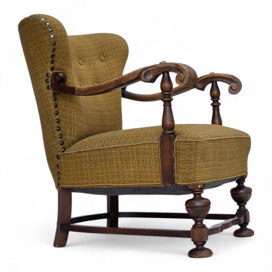 1960s, Danish armchair, original green furniture wool, carved oak wood.
