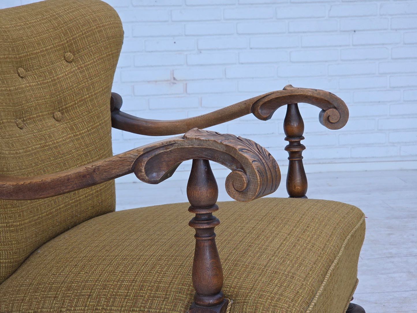 1960s, Danish armchair, original green furniture wool, carved oak wood.