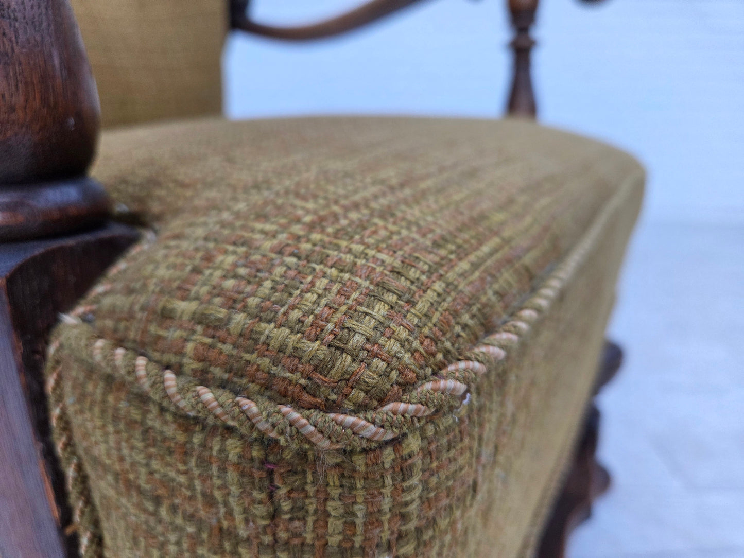 1960s, Danish armchair, original green furniture wool, carved oak wood.