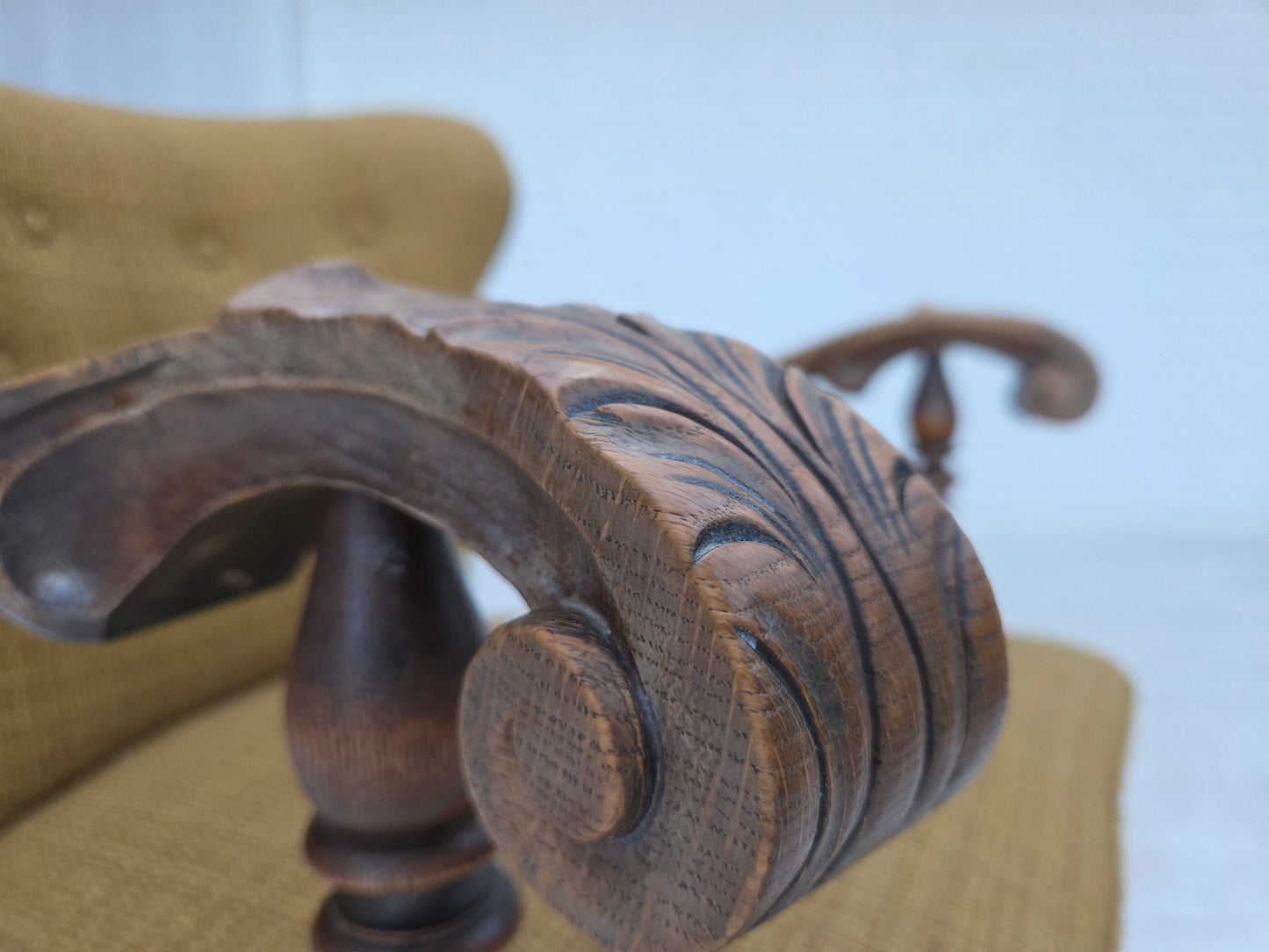 1960s, Danish armchair, original green furniture wool, carved oak wood.