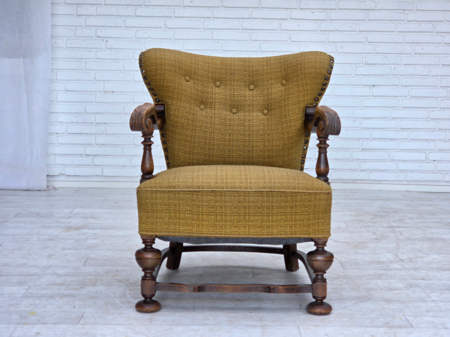 1960s, Danish armchair, original green furniture wool, carved oak wood.