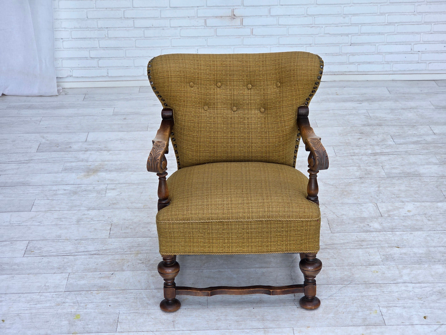 1960s, Danish armchair, original green furniture wool, carved oak wood.
