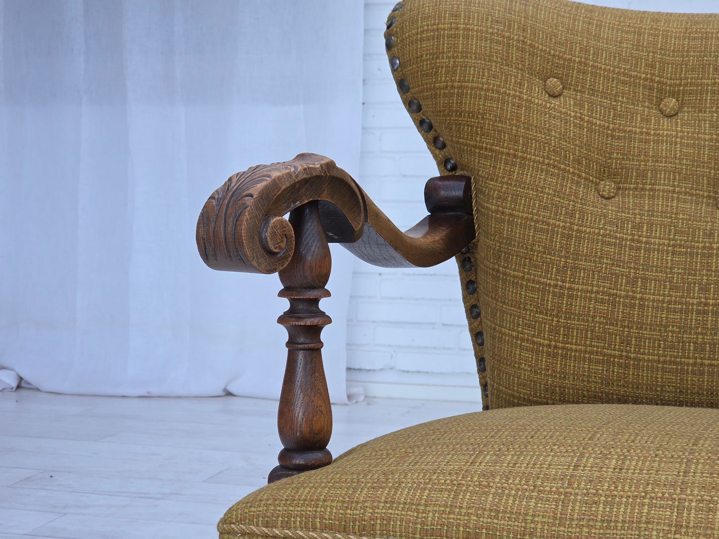 1960s, Danish armchair, original green furniture wool, carved oak wood.