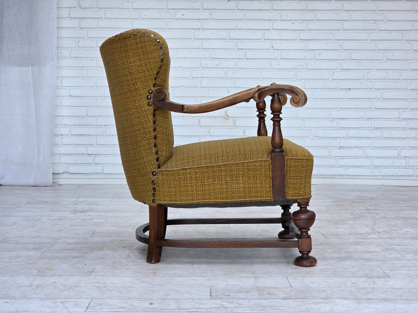 1960s, Danish armchair, original green furniture wool, carved oak wood.