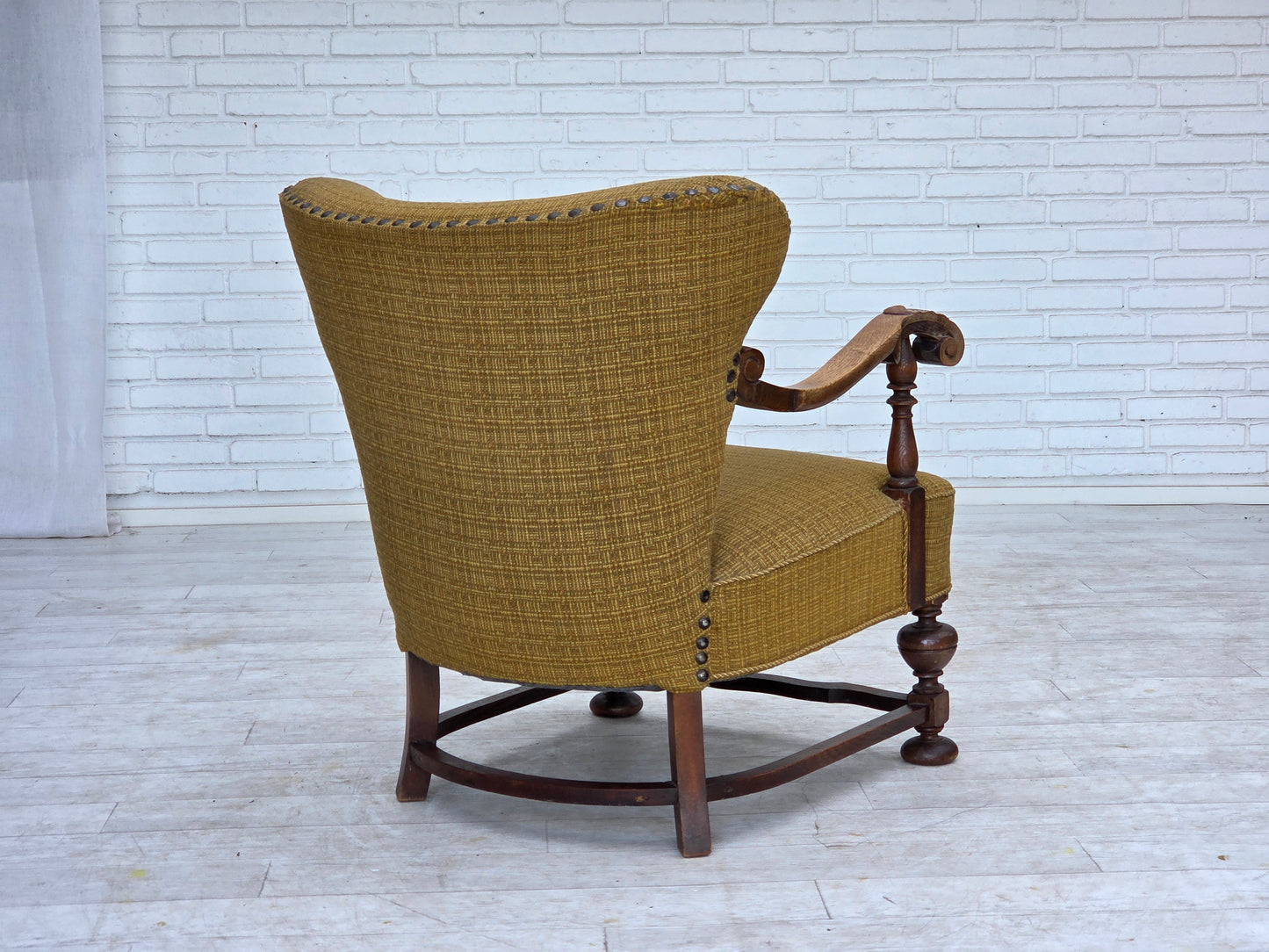 1960s, Danish armchair, original green furniture wool, carved oak wood.