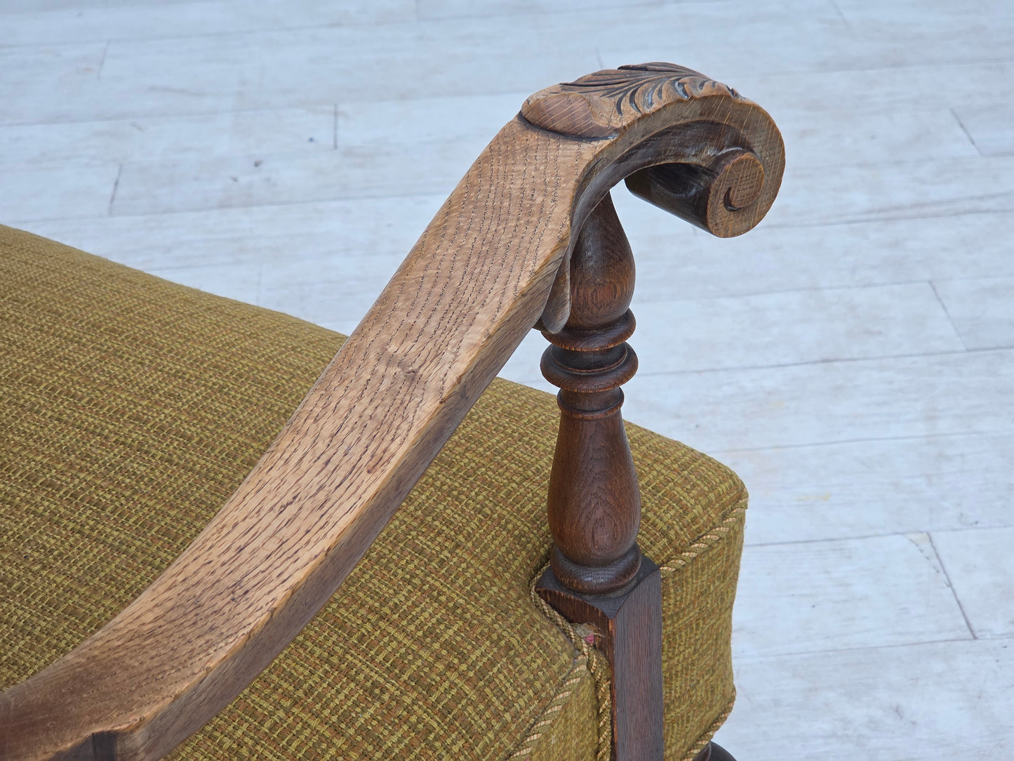 1960s, Danish armchair, original green furniture wool, carved oak wood.