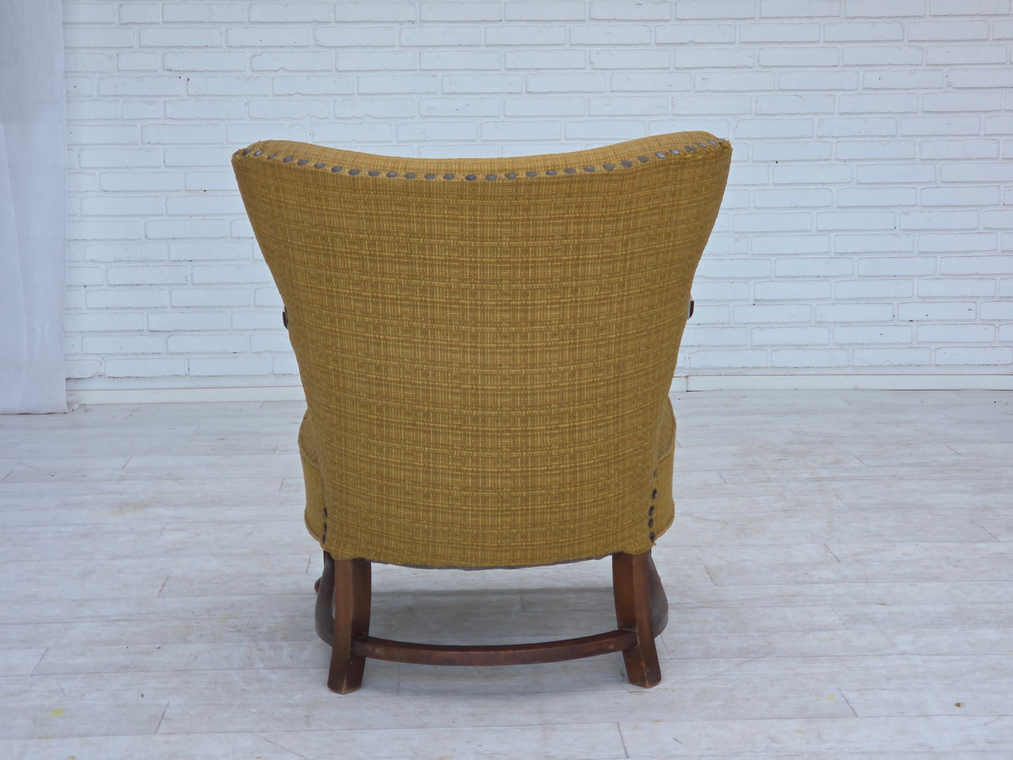 1960s, Danish armchair, original green furniture wool, carved oak wood.