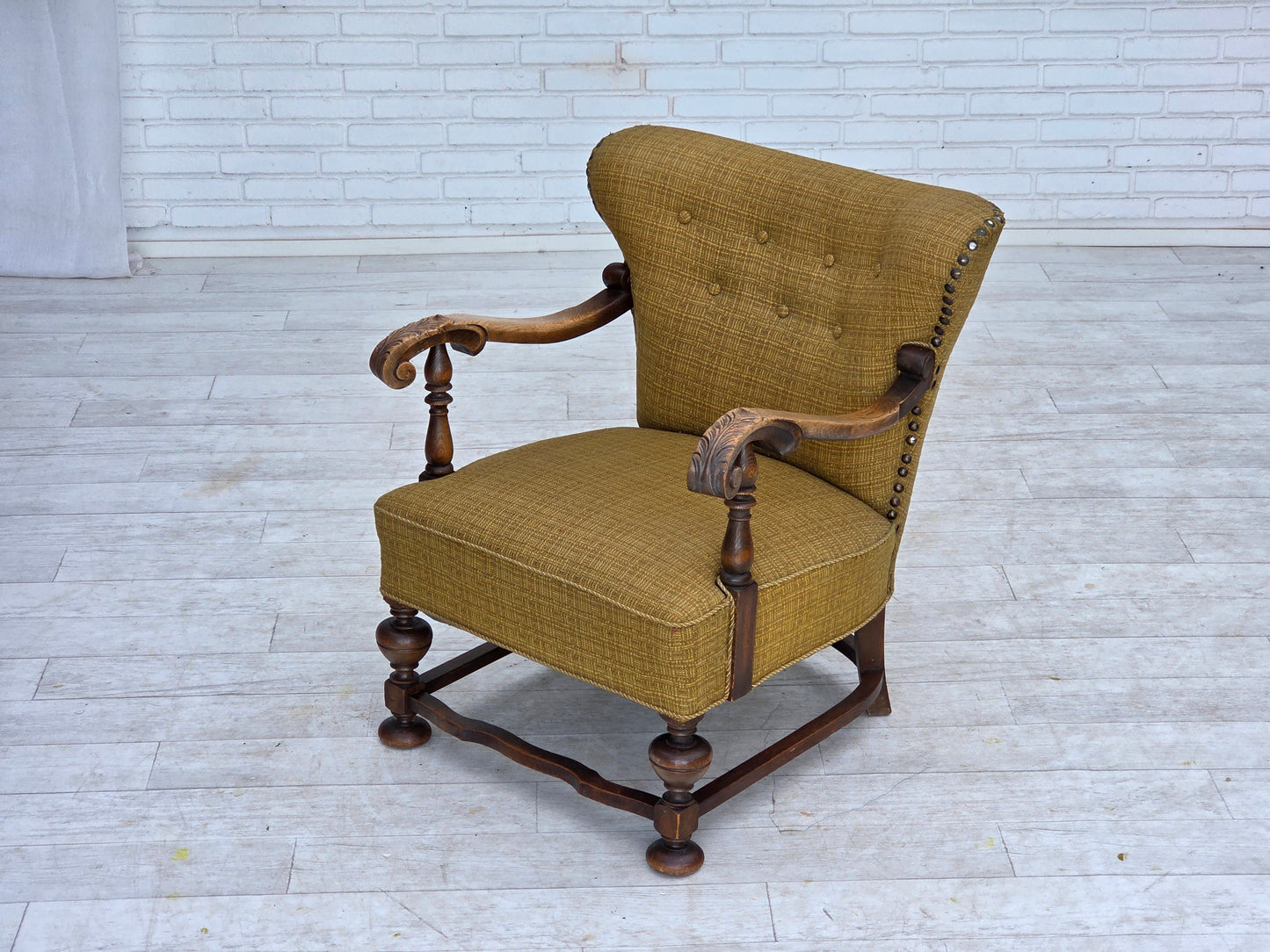 1960s, Danish armchair, original green furniture wool, carved oak wood.