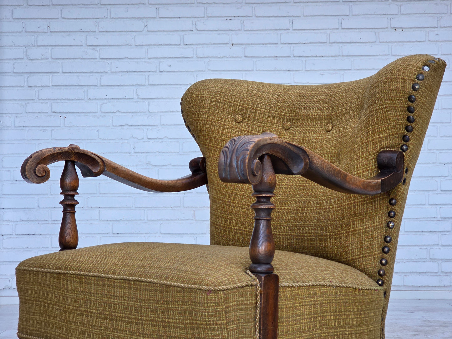 1960s, Danish armchair, original green furniture wool, carved oak wood.