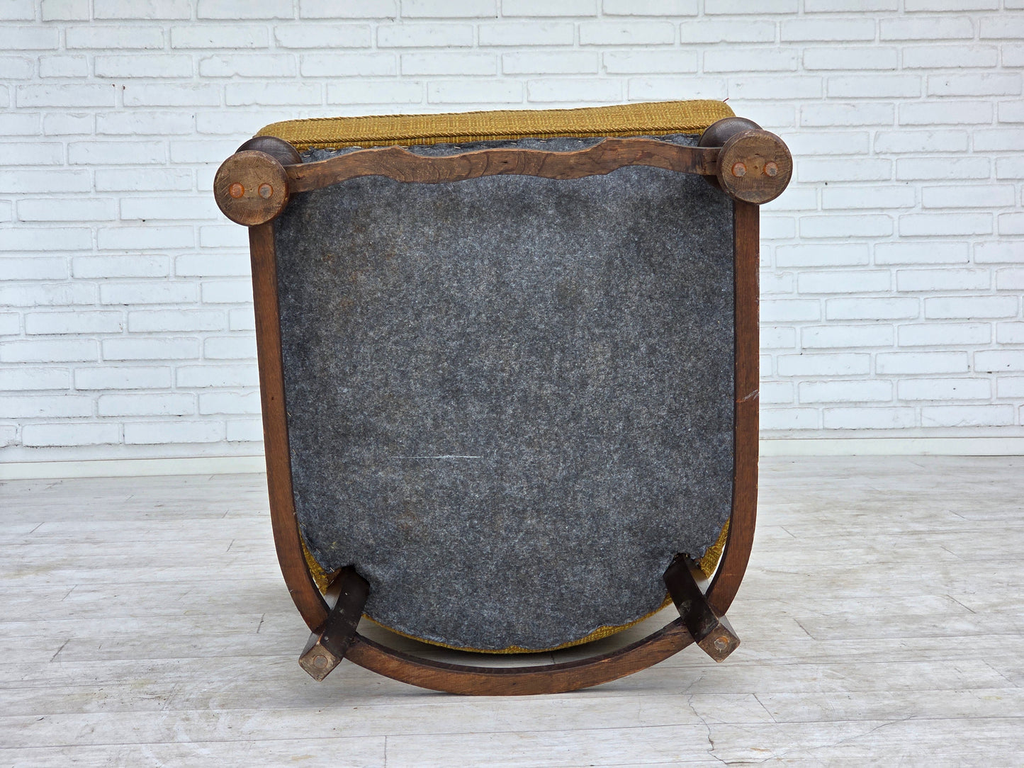 1960s, Danish armchair, original green furniture wool, carved oak wood.