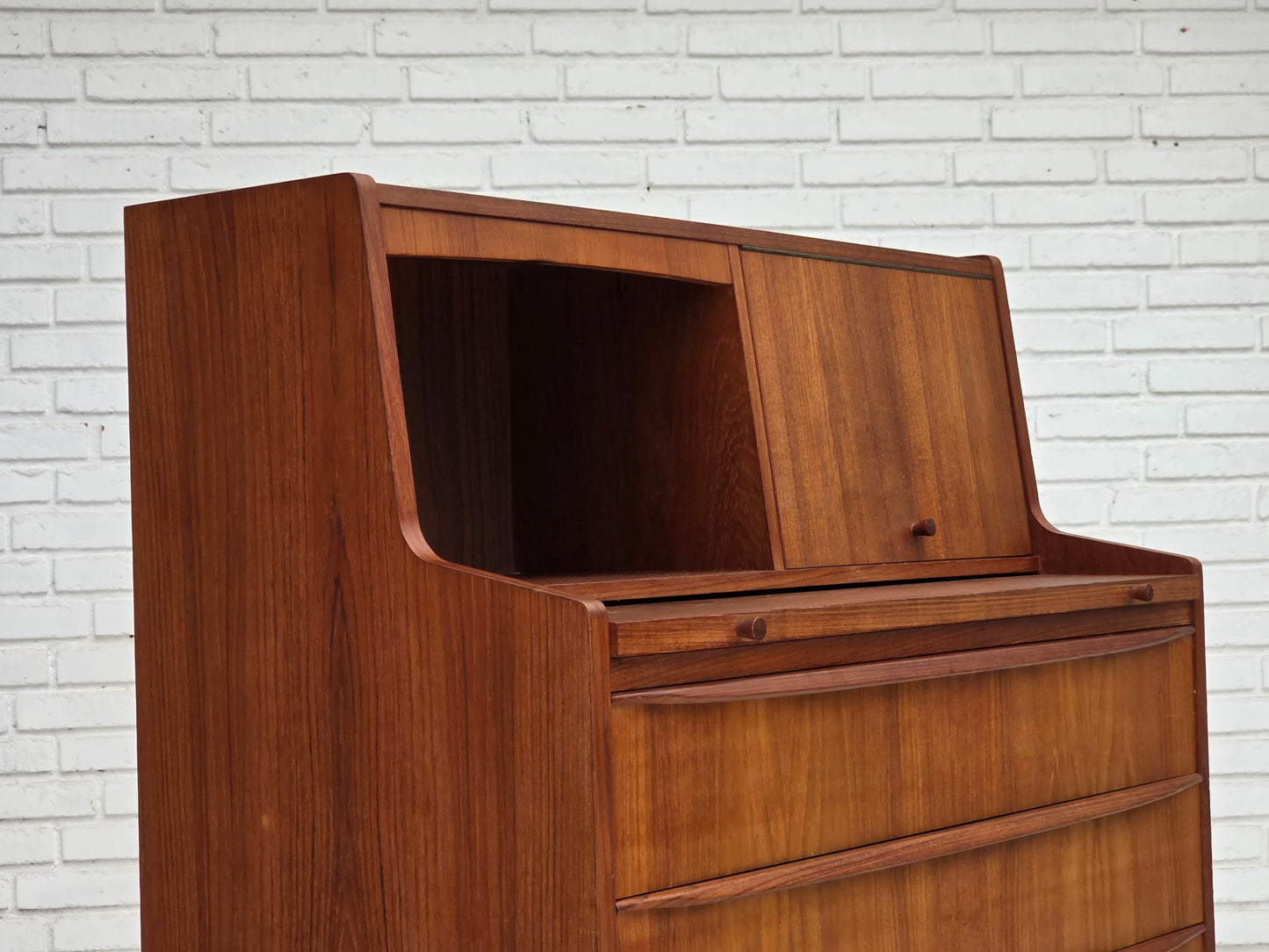 1970s, Danish chest of drawers with a folding mirror, teak wood.