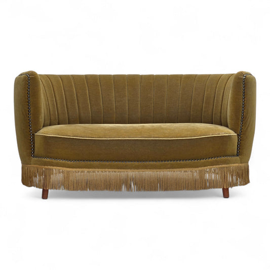 1970s, Danish 2-seater "Banana" sofa, green furniture velour.