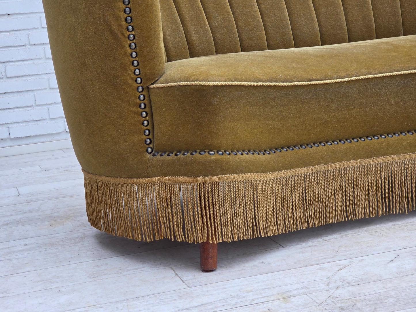 1970s, Danish 2-seater "Banana" sofa, green furniture velour.
