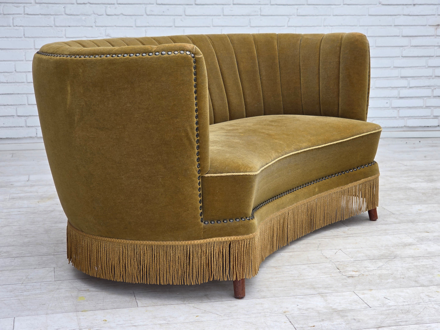 1970s, Danish 2-seater "Banana" sofa, green furniture velour.