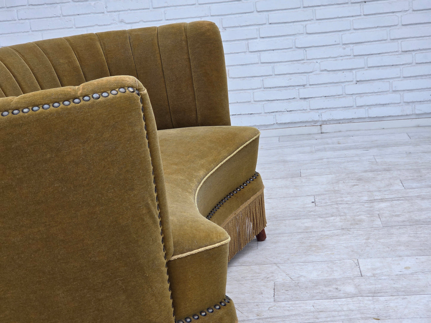 1970s, Danish 2-seater "Banana" sofa, green furniture velour.