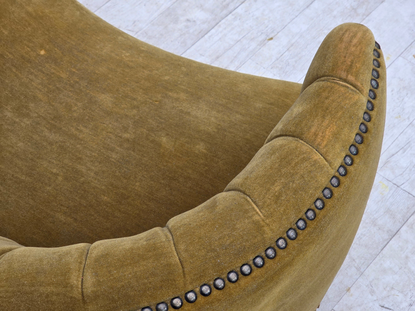 1970s, Danish 2-seater "Banana" sofa, green furniture velour.