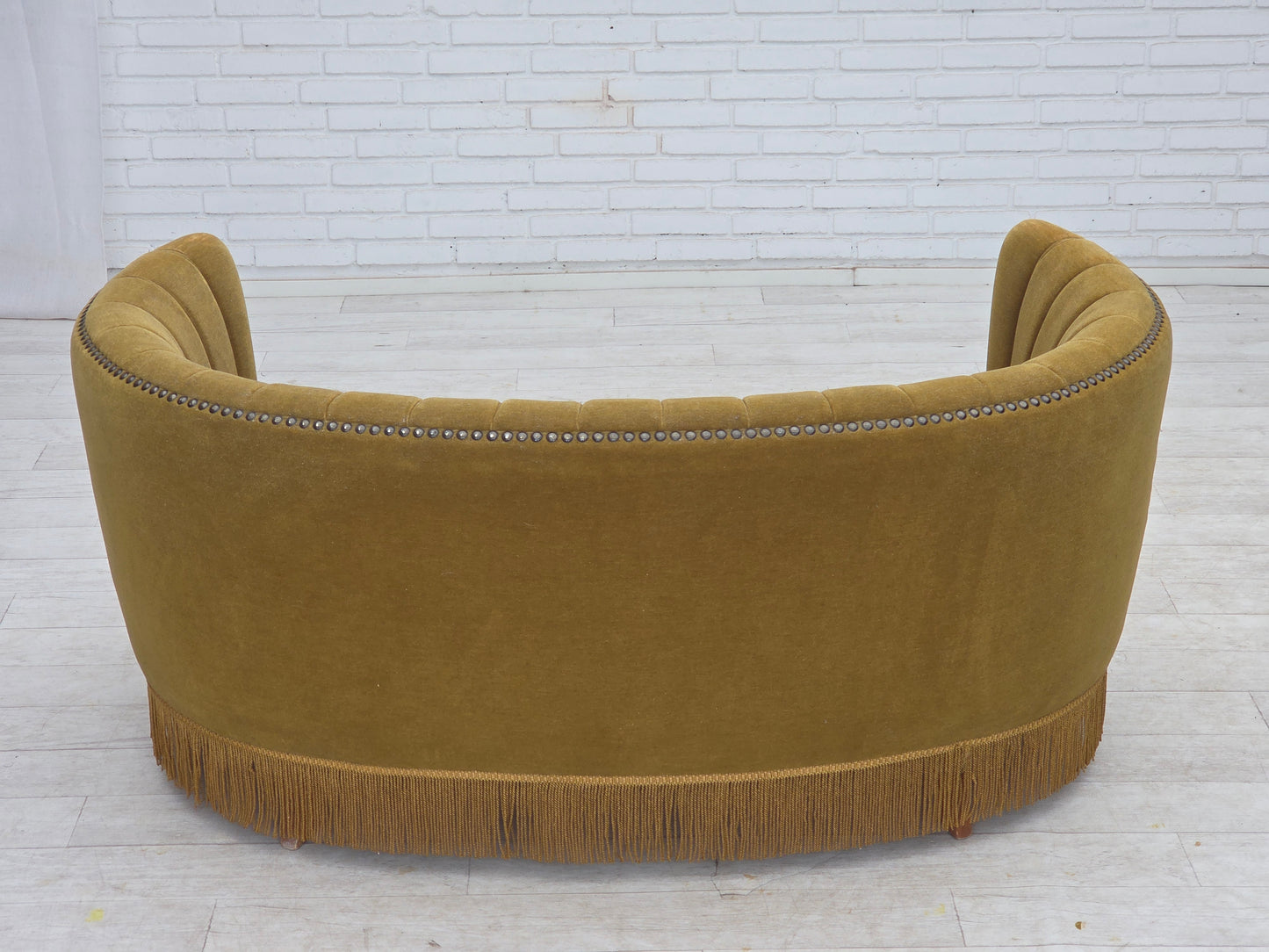 1970s, Danish 2-seater "Banana" sofa, green furniture velour.