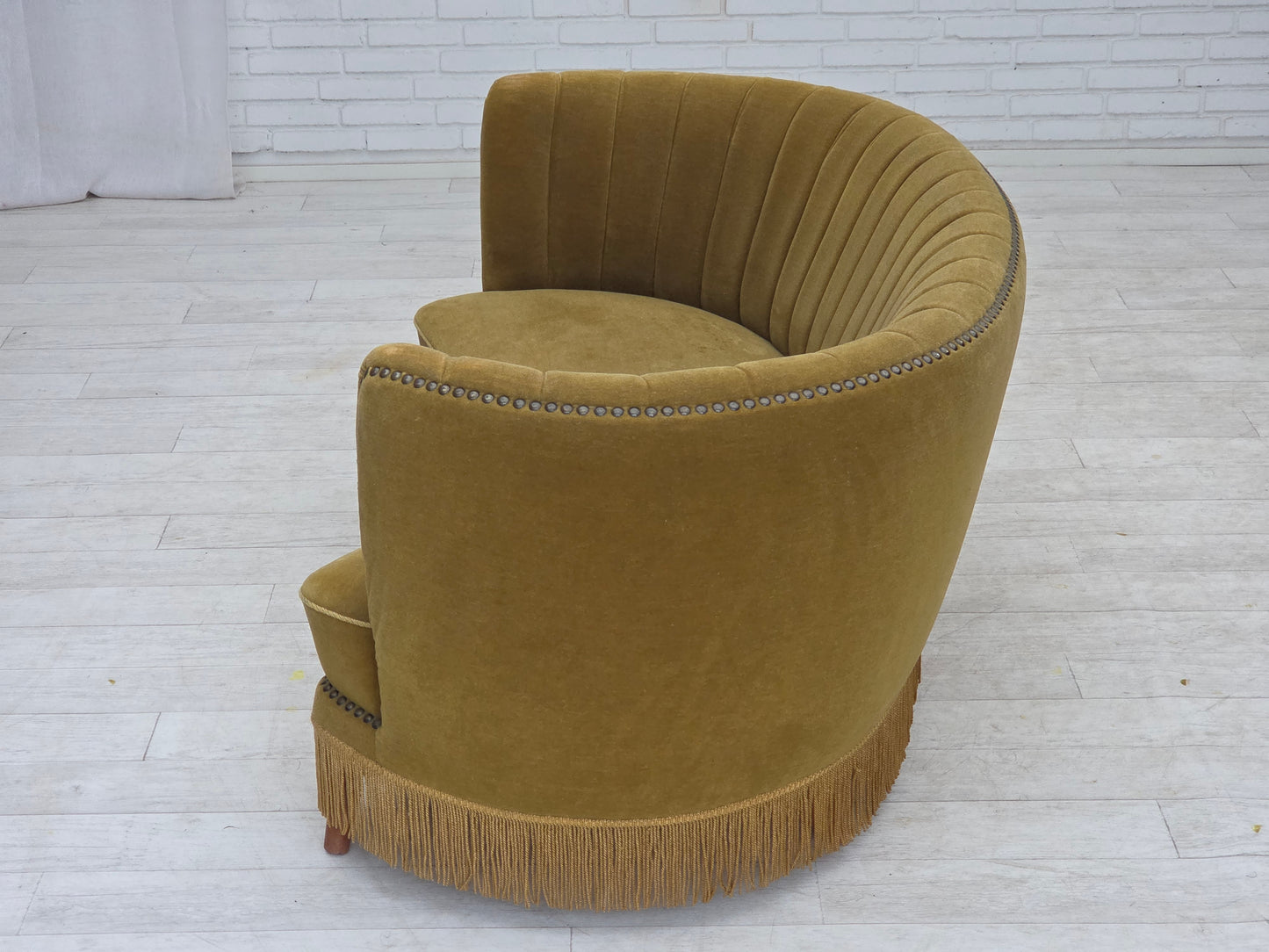 1970s, Danish 2-seater "Banana" sofa, green furniture velour.