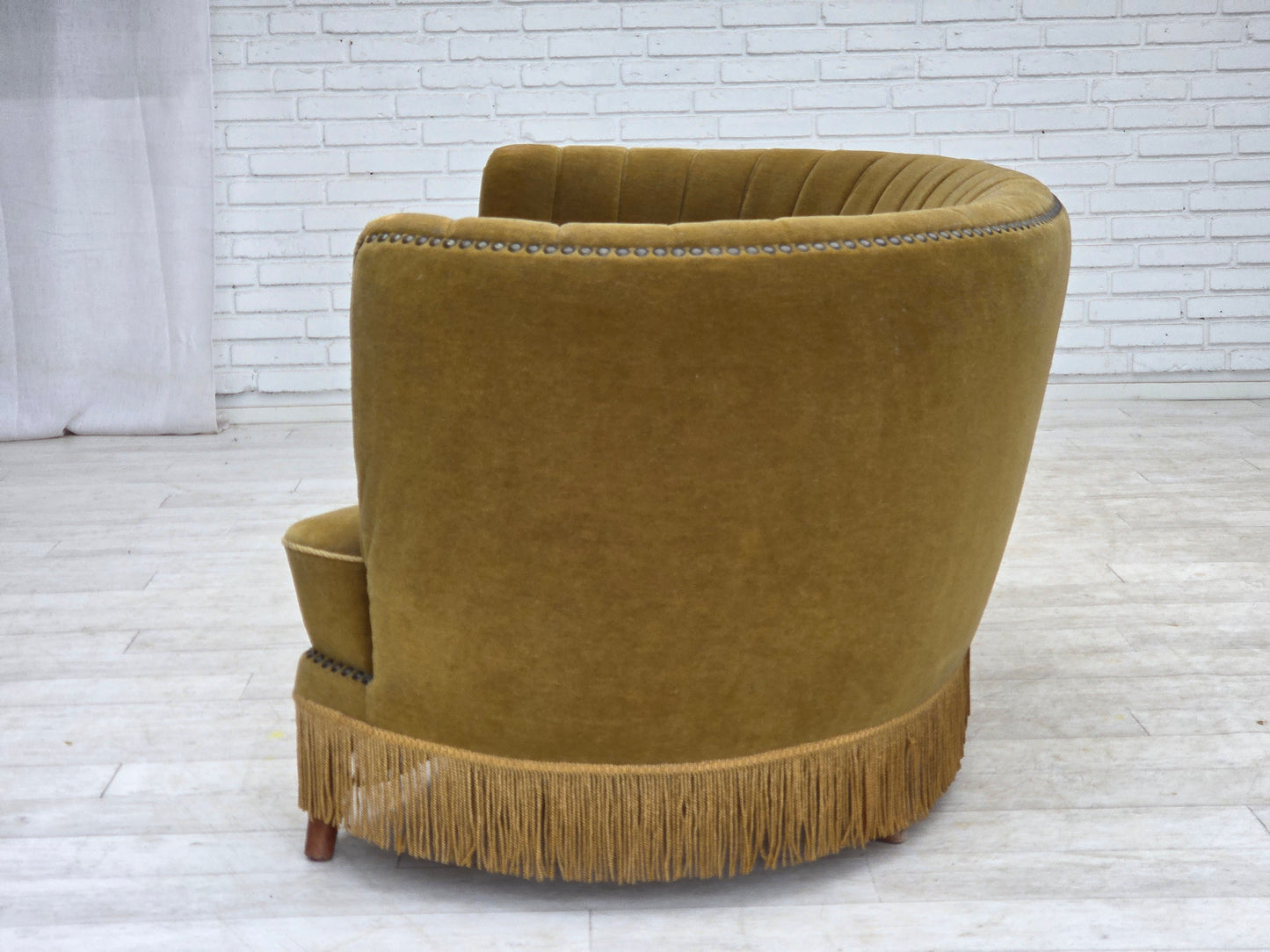 1970s, Danish 2-seater "Banana" sofa, green furniture velour.