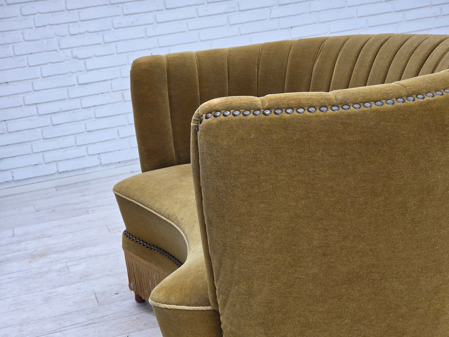 1970s, Danish 2-seater "Banana" sofa, green furniture velour.