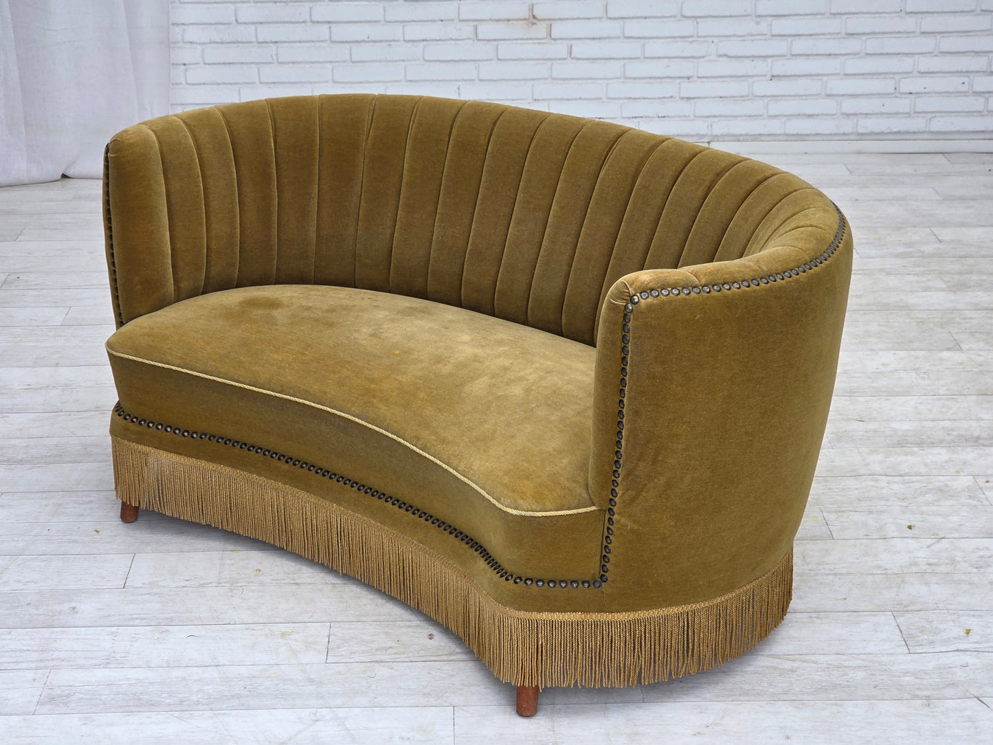 1970s, Danish 2-seater "Banana" sofa, green furniture velour.