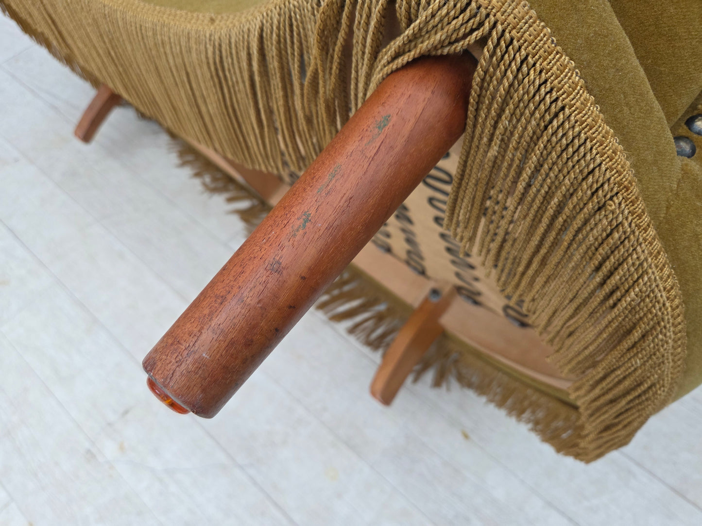 1970s, Danish 2-seater "Banana" sofa, green furniture velour.