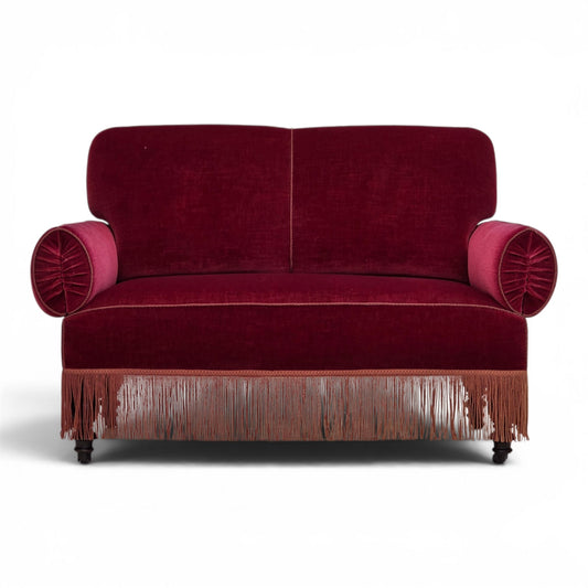 1950s, Danish 2-seater drop arm/back sofa, cherry-red furniture velour.