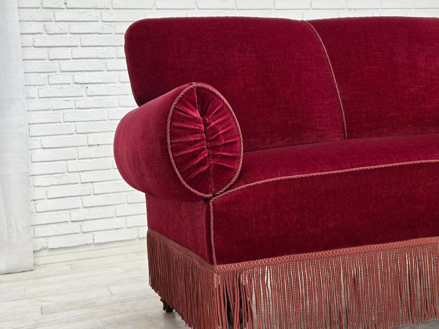 1950s, Danish 2-seater drop arm/back sofa, cherry-red furniture velour.