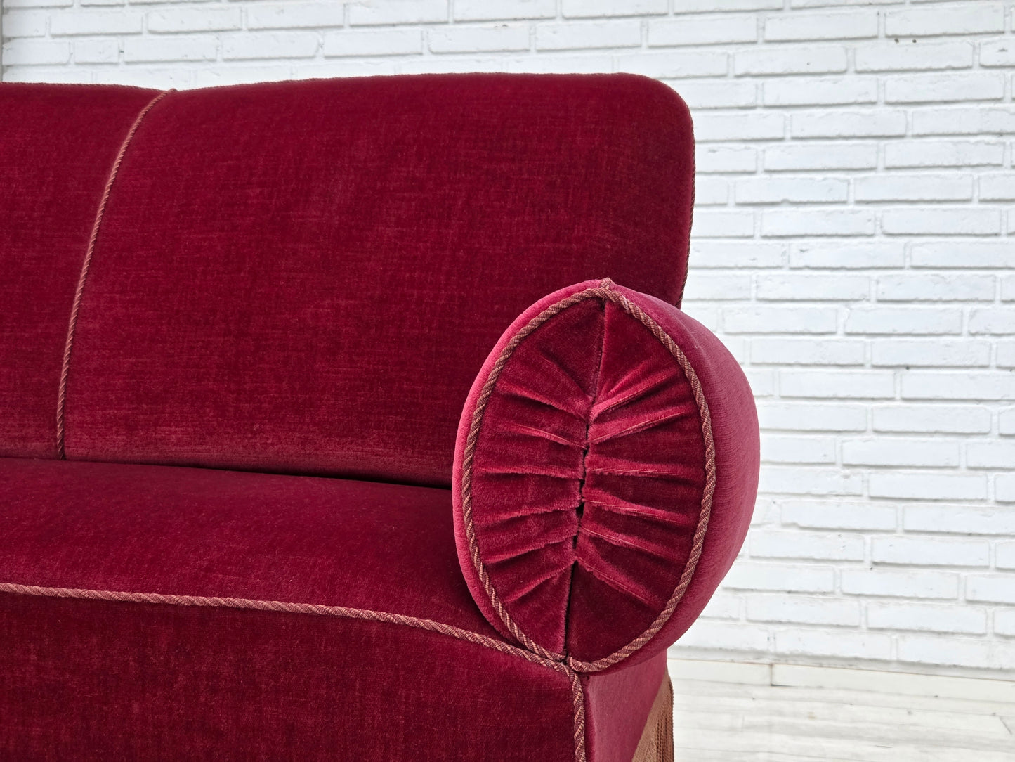 1950s, Danish 2-seater drop arm/back sofa, cherry-red furniture velour.